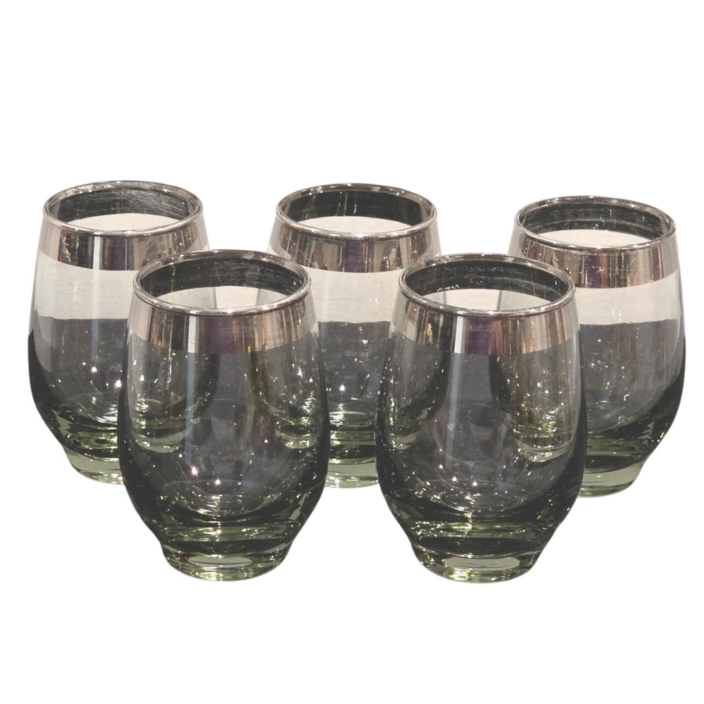 Vintage MCM Glass Tumblers,‎ 5 Silver Rim Barware, Juice Glasses, Green Grayish